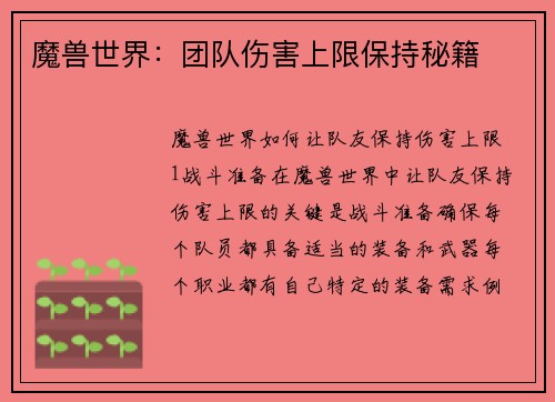 魔兽世界：团队伤害上限保持秘籍
