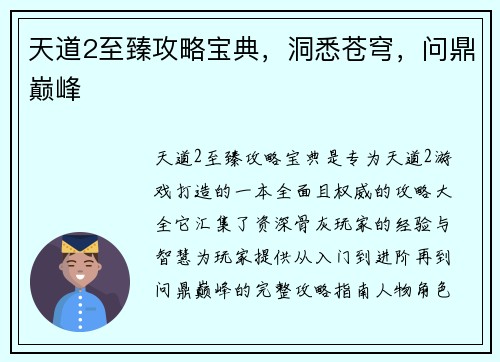 天道2至臻攻略宝典，洞悉苍穹，问鼎巅峰